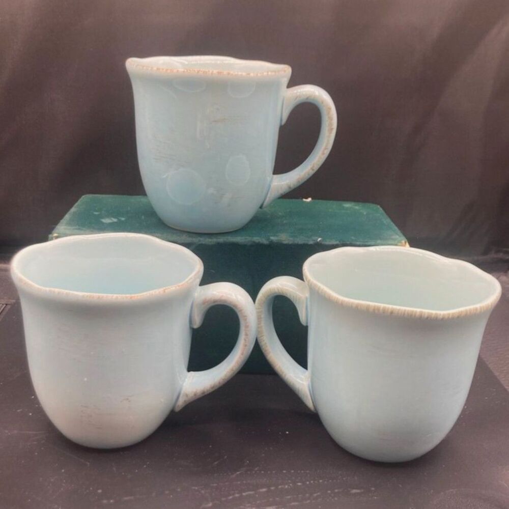 Ballard Designs Primvere Blue (light sea blue) coffee mug lot of 3 scalloped